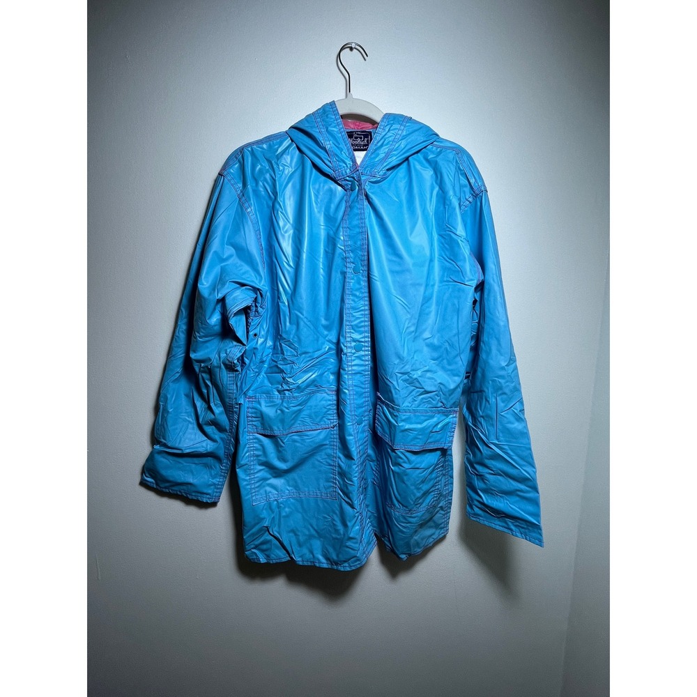 Woolrich Woman Vintage Aqua Blue Rain Jacket Hooded Pink Lining Slicker